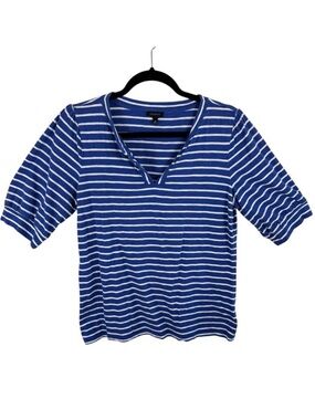 Talbots Cotton Modal Blue White Striped V-Neck Short‎ Sleeve Top Size M